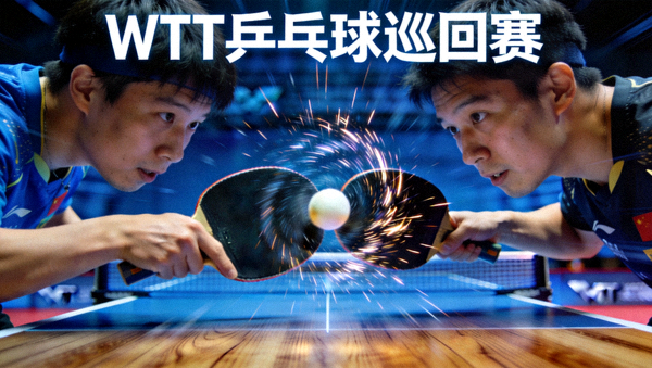 WTT乒乓球巡回赛赛场击球旋转与台内小球对抗瞬间